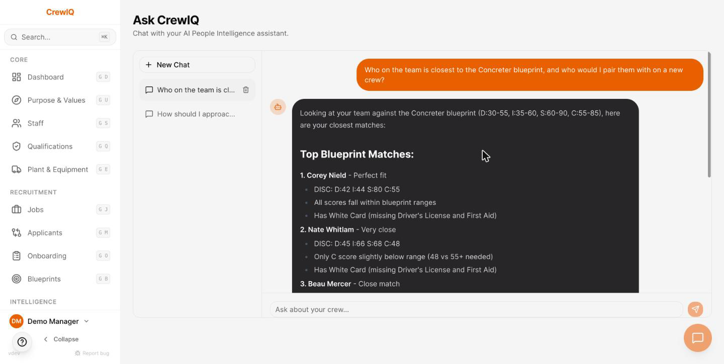 Ask CrewIQ answering a hiring question from the team's DISC profiles and blueprints