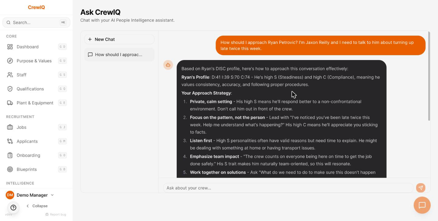 Conversation Coach answering how to approach a worker, from both DISC profiles