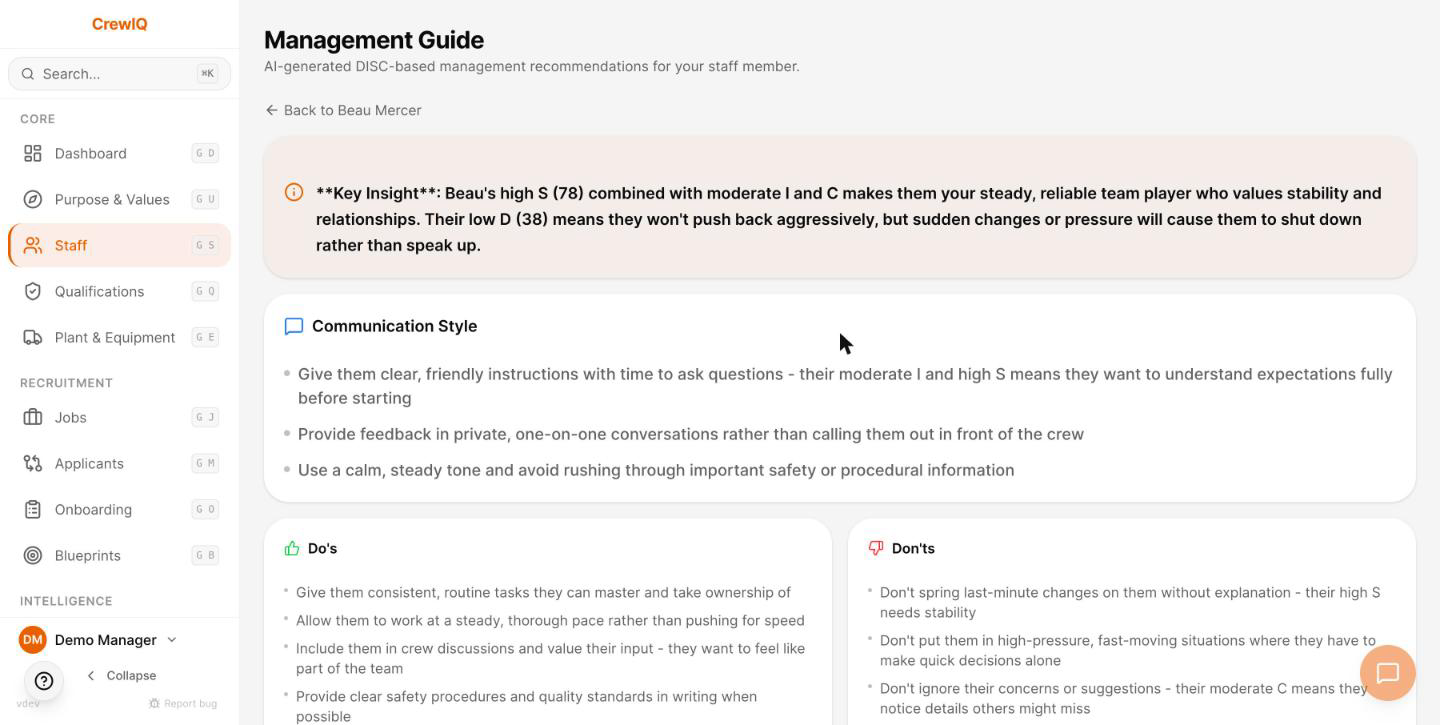 A management guide card with DISC-based advice on how to lead one person