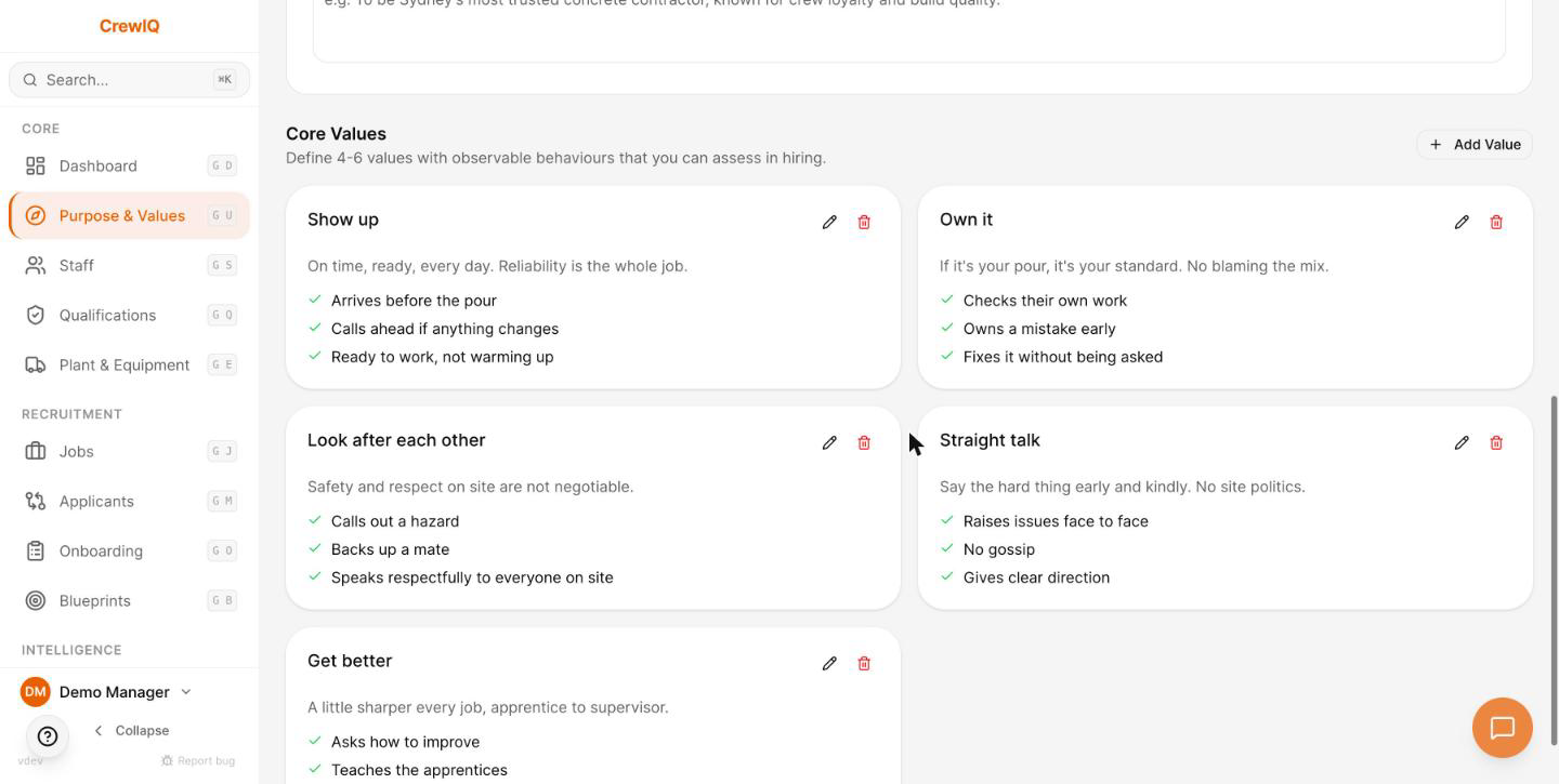 The completed purpose and values set for the Ironbark demo business